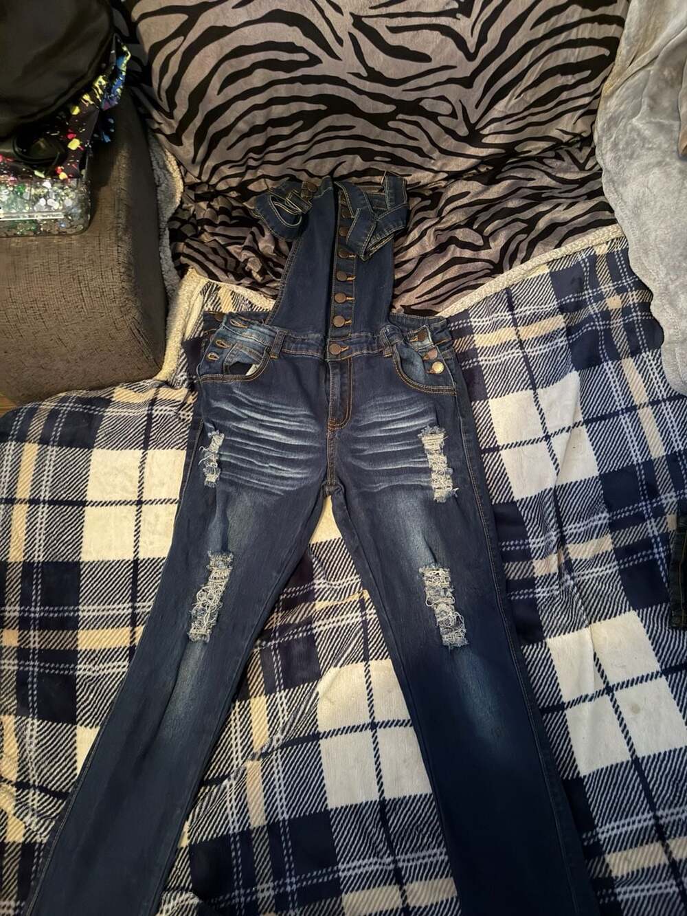 Cover Girl Juniors Distressed Skinny Denim Overalls Dark Wash